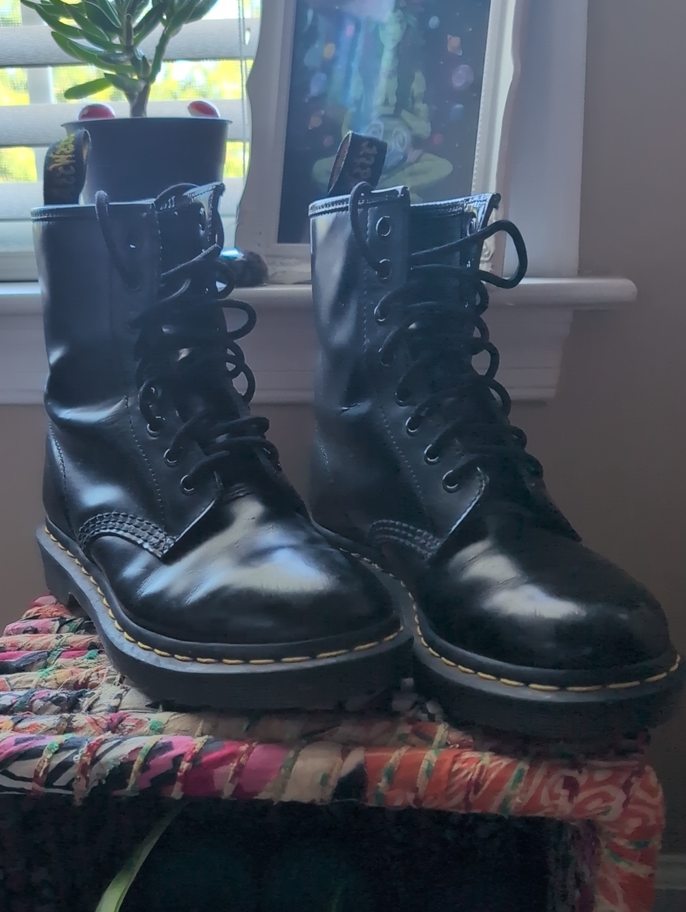 Dr. Martens Black Leather 8-Eye Lace-Up Boots with Yellow Stitching